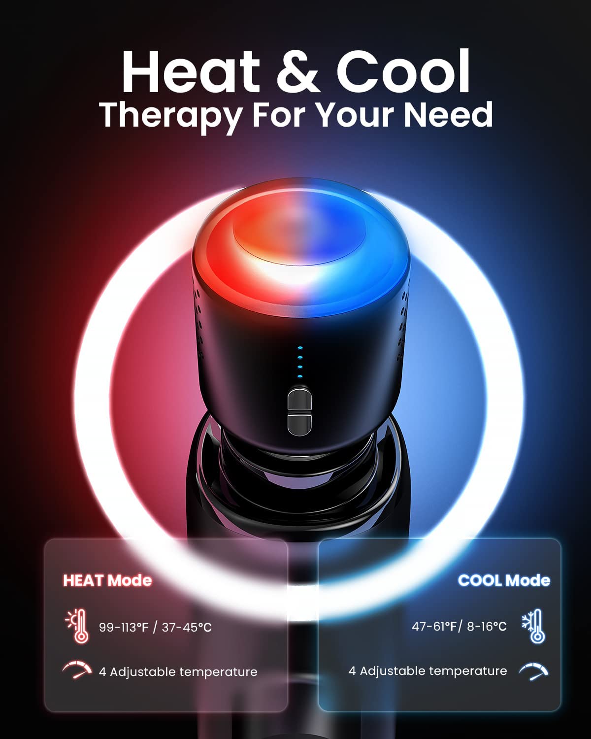 Eine digitale Werbung für die RENPHO Aktiv-Massagepistole Thermacool mit „Heat & Cool Therapy“ zur Muskelentspannung mit leuchtend blauer und roter Oberfläche. Das Bild zeigt Temperaturbereiche für den Wärmemodus von Renpho DE.