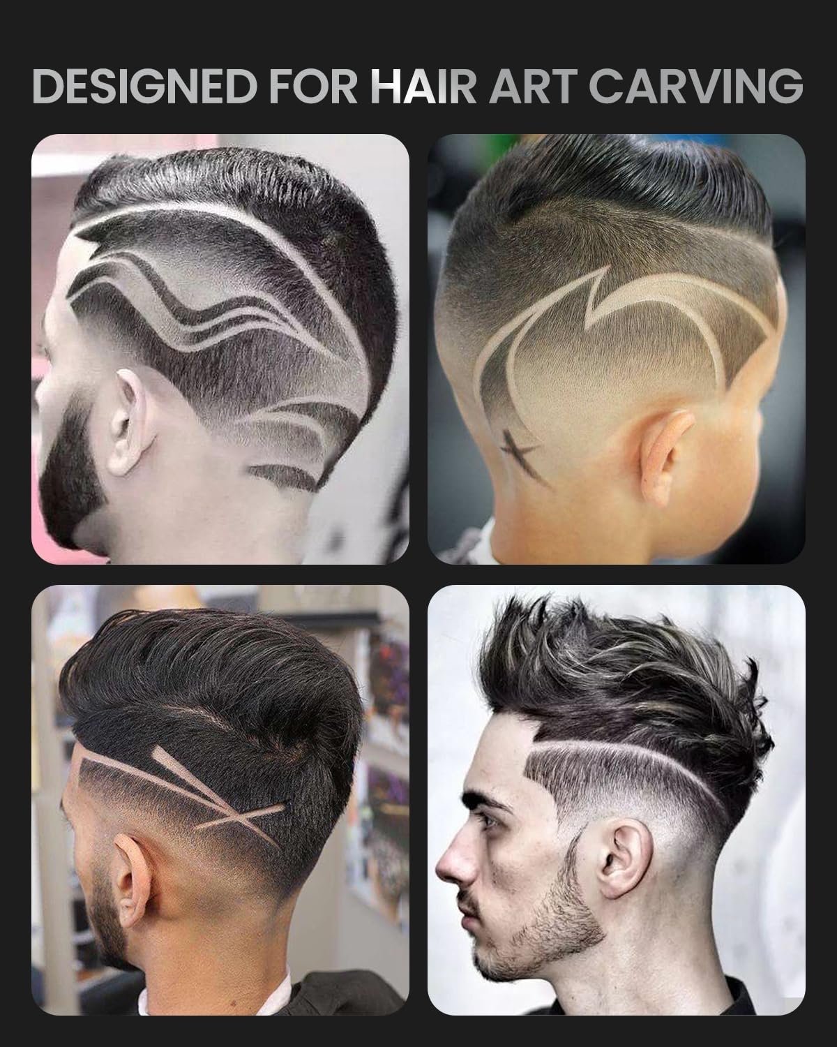 Vier Bilder zeigen aufwendige Haarkunst-Designs auf Männerköpfen. Jeder Haarschnitt zeichnet sich durch kreative, präzise Linien und Muster aus, die von einer Renpho DE Haarschneidemaschine Profi in das Haar rasiert werden, von wirbelnden Kurven bis hin zu kräftigen.