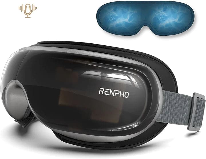 Ein prominent präsentiertes Augenmassagegerät der Marke Renpho DE mit glänzender schwarzer Oberfläche und verstellbaren Riemen, begleitet von einer blauen Gel-Augenmaske auf der linken Seite, die zusätzliche Entspannungsfunktionen symbolisiert. Das Gerät verfügt über sichtbare Bedienelemente, die auf eine Audiofunktion hinweisen.