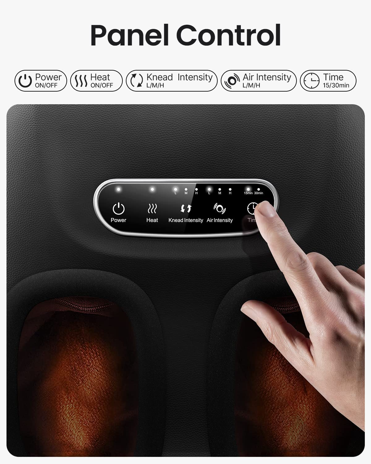 Eine Nahaufnahme einer Hand, die den „Heizung an/aus“-Knopf auf dem Bedienfeld eines Renpho DE Shiatsu-Fußmassagegeräts mit Wärme drückt, das Optionen für Leistung, Wärme und Knetintensität enthält.