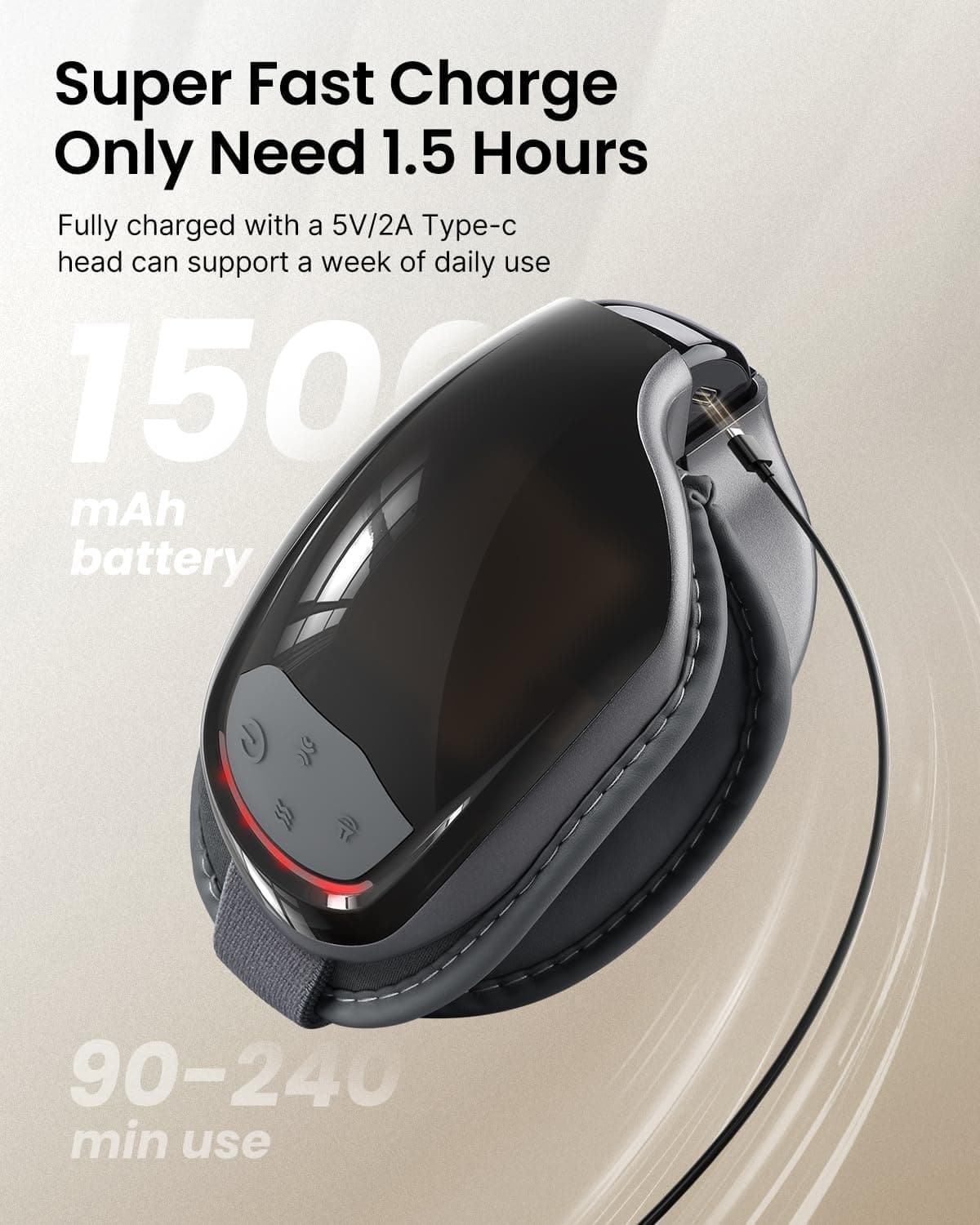 Das Bild zeigt ein modernes, schwarzes, ergonomisches, handgehaltenes Renpho DE Eyeris 3 Augenmassagegerät mit Digitalanzeige und Bedientasten. Der Text hebt den 1500-mAh-Akku, die schnelle Ladezeit von 1,5 Stunden und die Haltbarkeit für 90-240 Minuten Nutzung hervor.