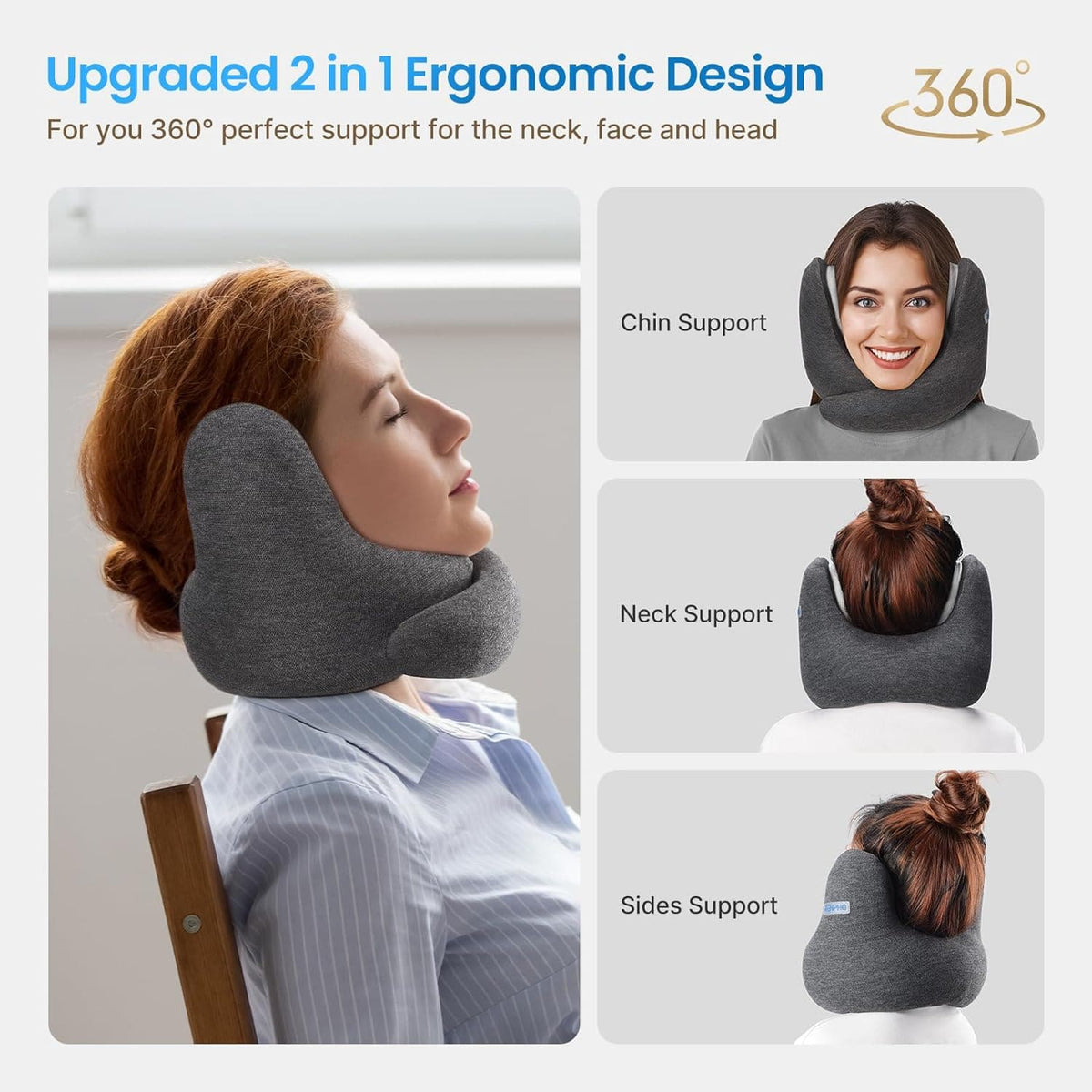 Eine Anzeige für ein graues Nackenkissen von RENPHO zeigt Bilder einer Frau, die das Kissen zur Unterstützung von Kinn, Nacken und Flanken verwendet. Ein Symbol für eine 360°-Drehung unterstreicht die Vielseitigkeit des Kissens bei der kompletten Unterstützung des Kopfes.