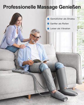 Ein Paar sitzt auf einer Couch und nutzt das Renpho DE Luftkompressionsmassagegerät für die Beine für Fitness- und Wellnesszwecke.