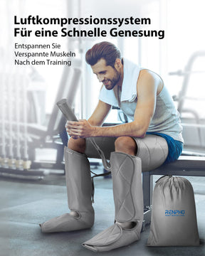 Ein Mann genießt einen Wellness-Moment auf einer Bank mit einem Renpho DE Luftkompressionsmassagegerät für die Beine und fördert Fitness und Gesundheit.