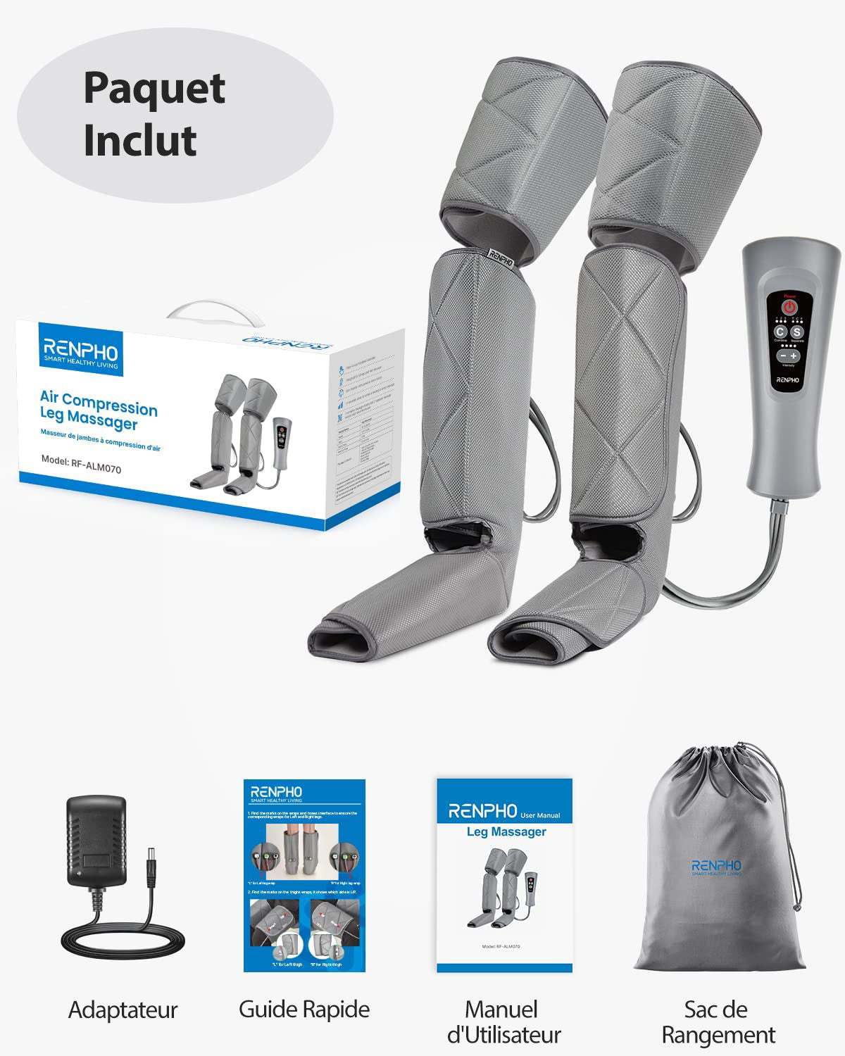 Ein Paar Renpho DE Luftkompressionsmassagegerät für die Beine für Wellness- und Fitnessbegeisterte, zusammen mit einem Paket Zubehör.