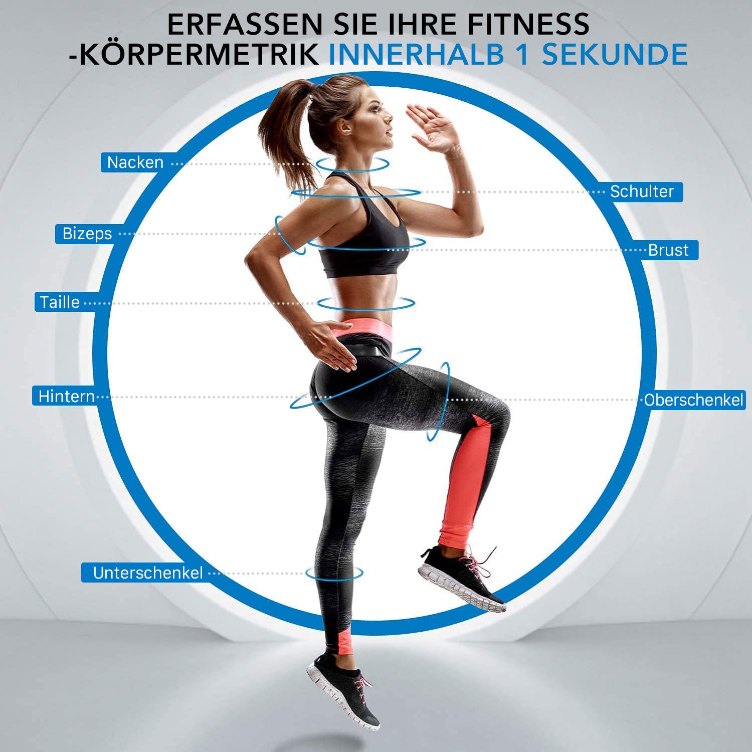 Eine Fitnessfrau nutzt das Smart Körperumfangmaßband von Renpho DE in Laufposition.