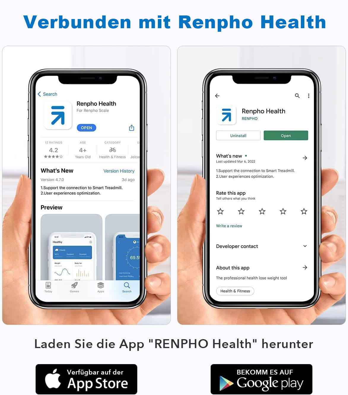 Screenshot der Renpho DE Smart Körperumfangmaßband-App für Wellness und Fitness.