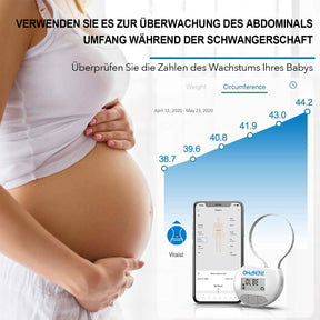 Ein Bild einer schwangeren Frau, die das Smart Körperumfangmaßband von Renpho DE präsentiert, das Wohlbefinden und Gesundheit während der Schwangerschaft fördert.