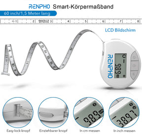Ein Bild eines Renpho DE Smart Körperumfangmaßbandes, einem Wellness- und Fitnessgerät mit verschiedenen Funktionen.