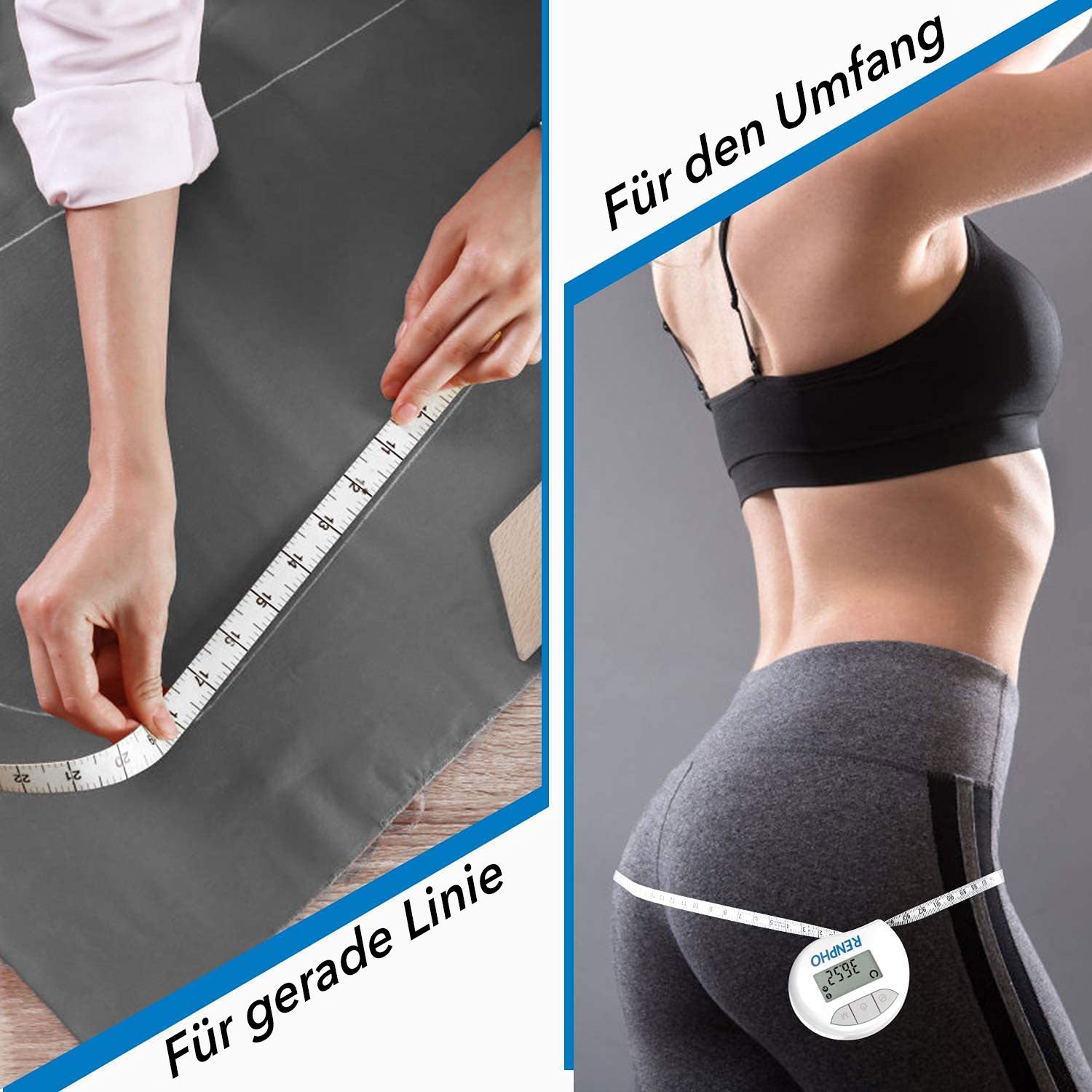 Eine Frau nutzt ein Renpho DE Smart Körperumfangmaßband für Fitness- und Wellnesszwecke.