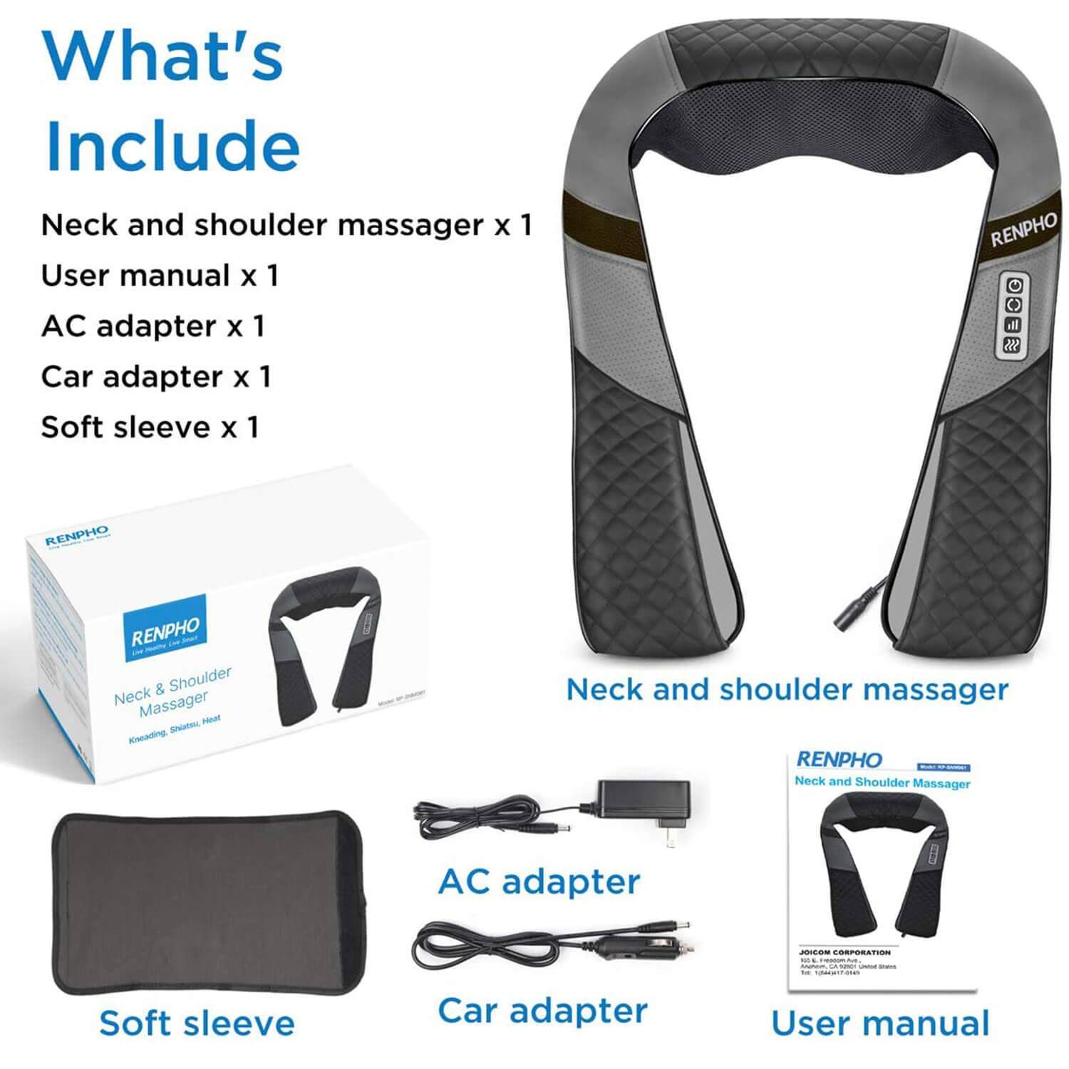Bild eines U-Neck 2 Nacken- und Schultermassagegerät-Kits von Renpho DE. Enthält das Massagegerät, eine Bedienungsanleitung, ein Netzteil, einen Autoadapter und eine weiche Hülle. Das Massagegerät