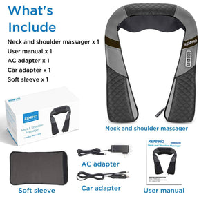 Bild eines U-Neck 2 Nacken- und Schultermassagegerät-Kits von Renpho DE. Enthält das Massagegerät, eine Bedienungsanleitung, ein Netzteil, einen Autoadapter und eine weiche Hülle. Das Massagegerät